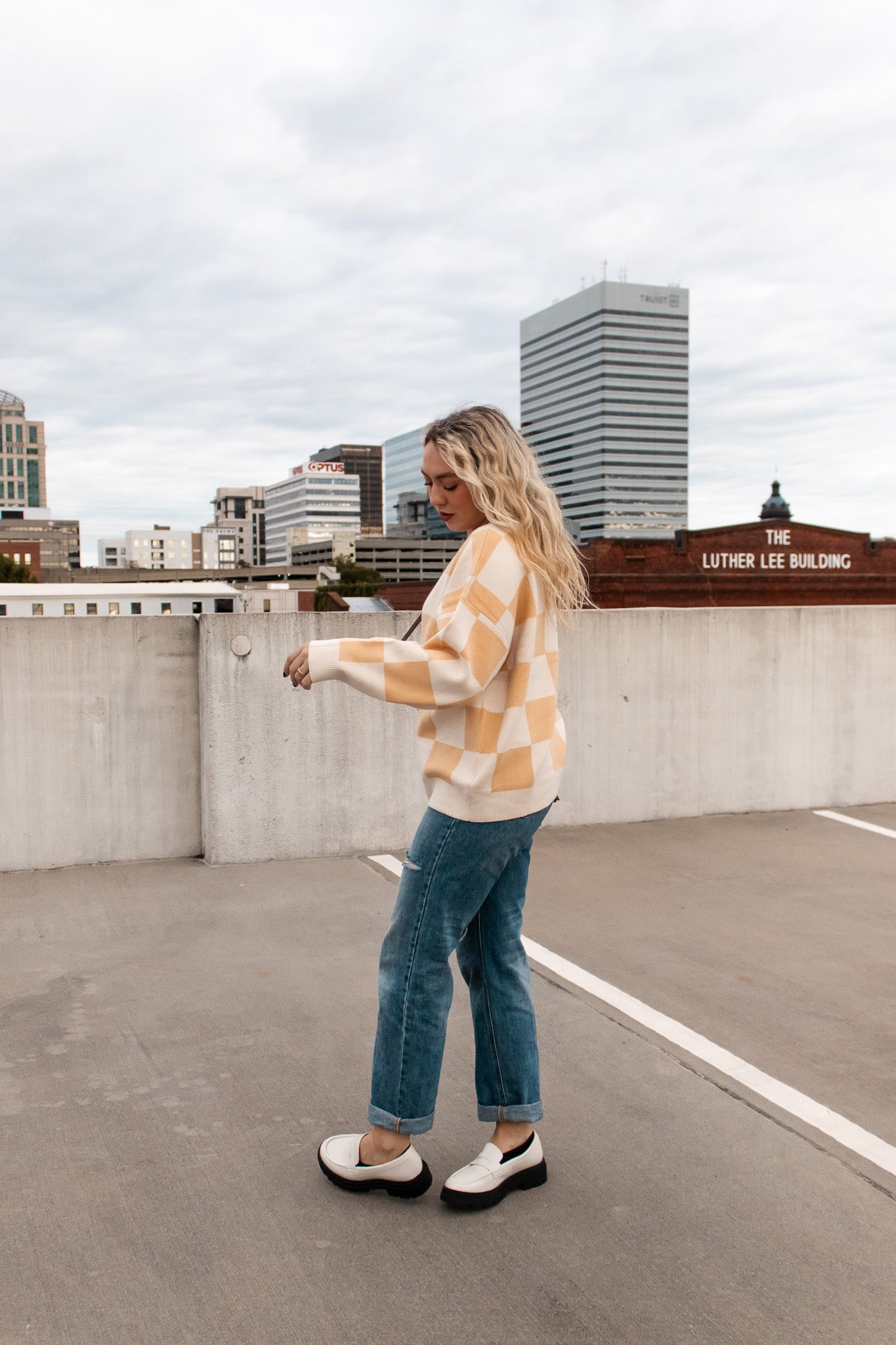 Cream Checkered Cardigan