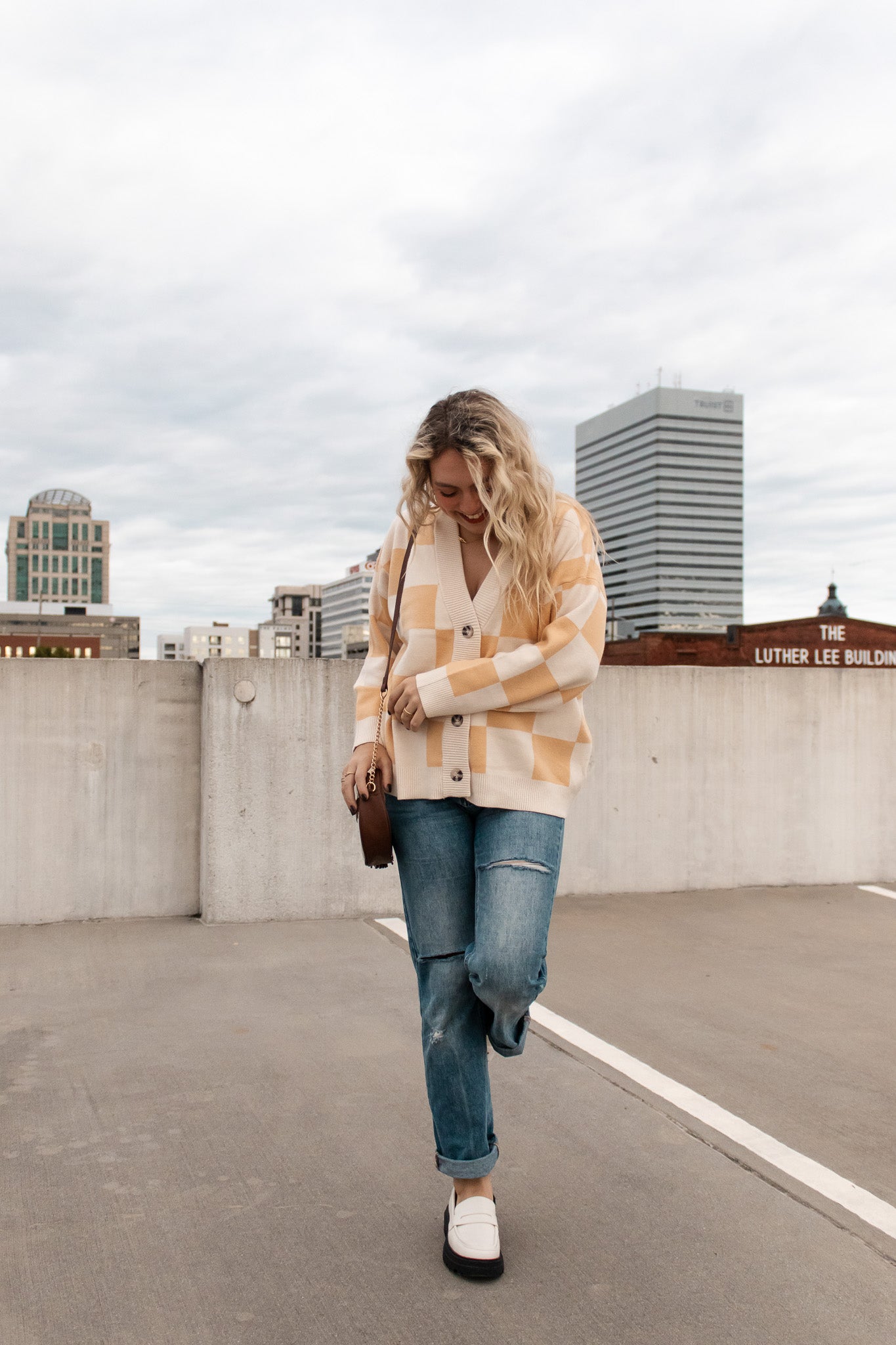 Cream Checkered Cardigan