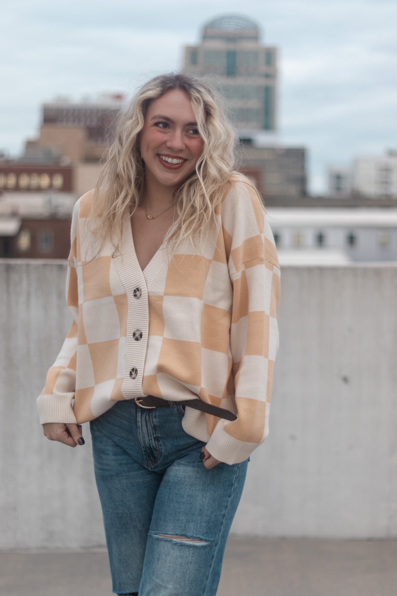 Cream Checkered Cardigan