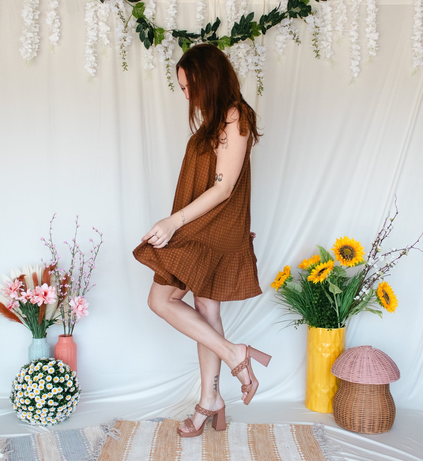 Brown Shoulder Tie Dress