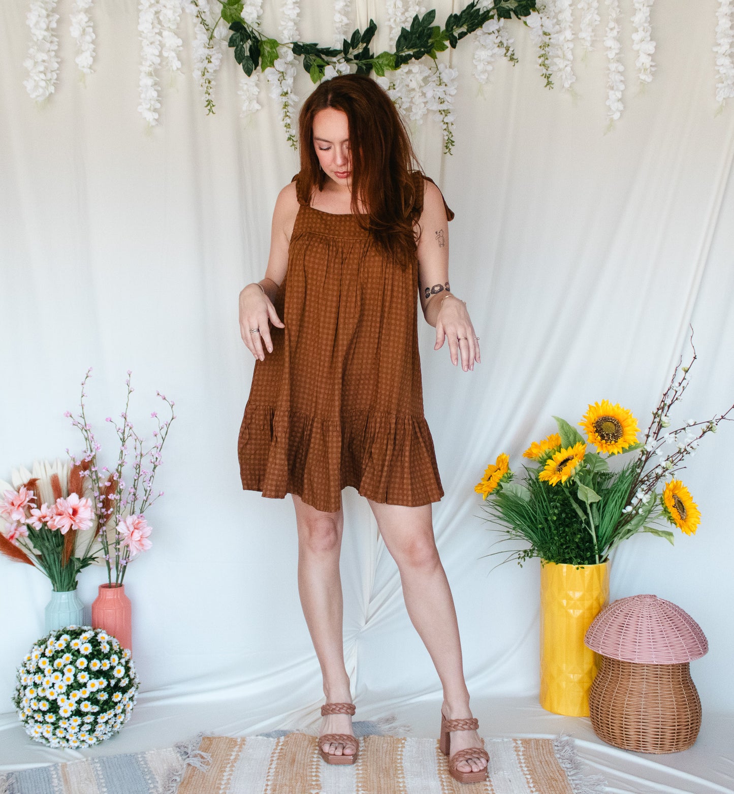 Brown Shoulder Tie Dress