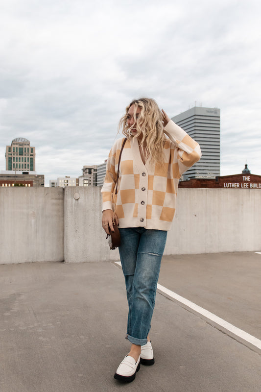 Cream Checkered Cardigan