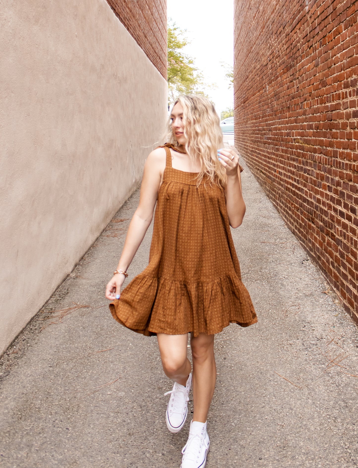 Brown Shoulder Tie Dress