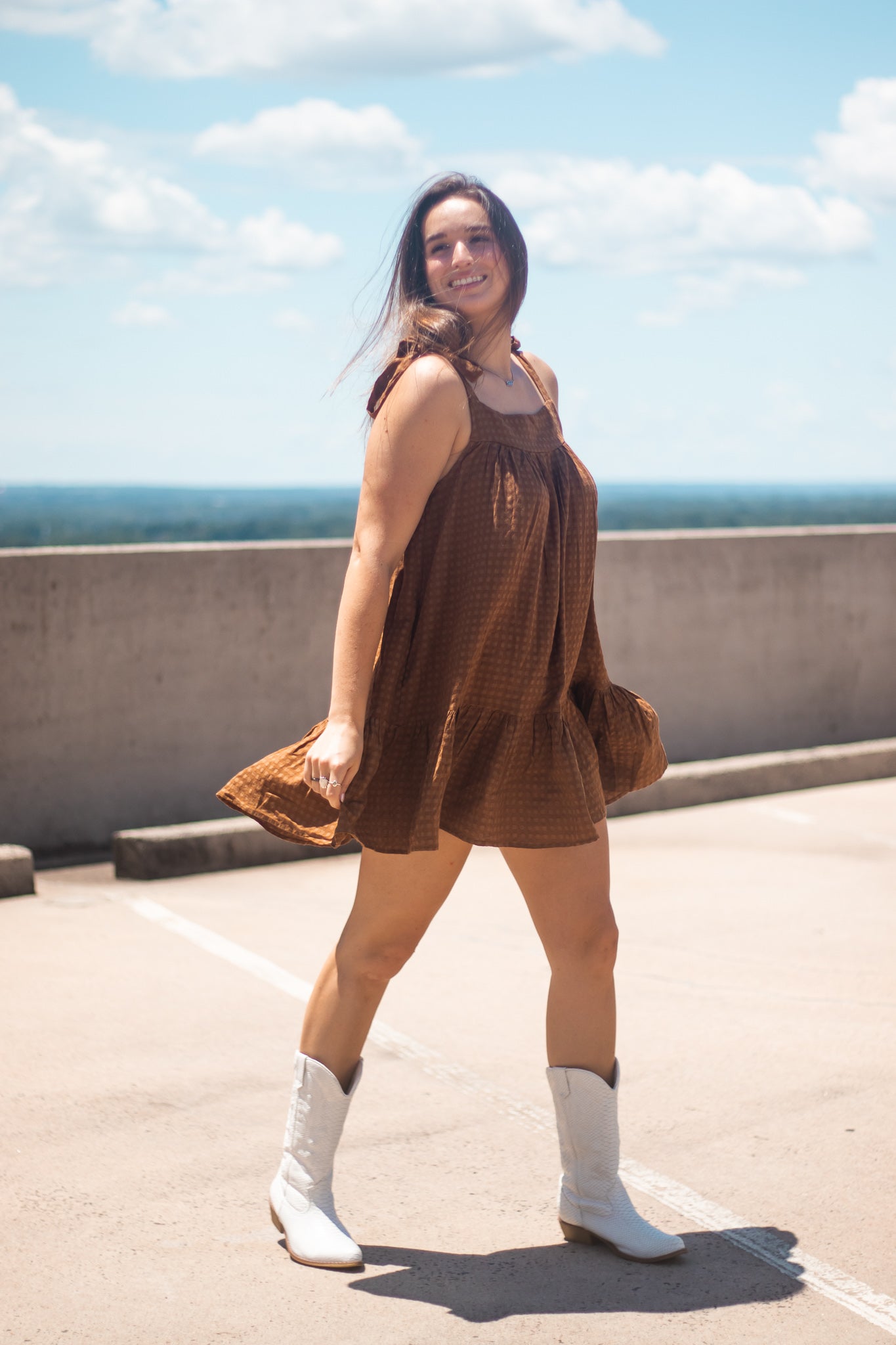 Brown Shoulder Tie Dress