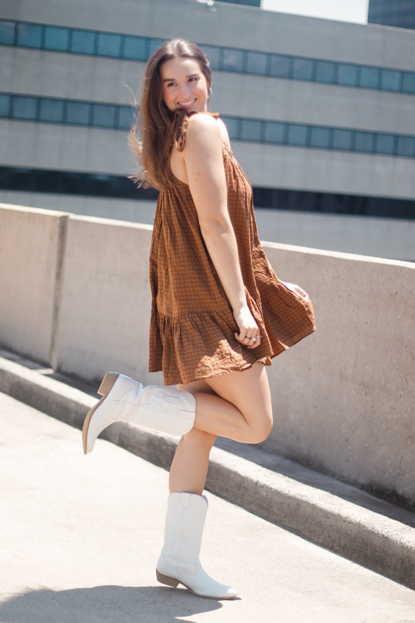 Brown Shoulder Tie Dress